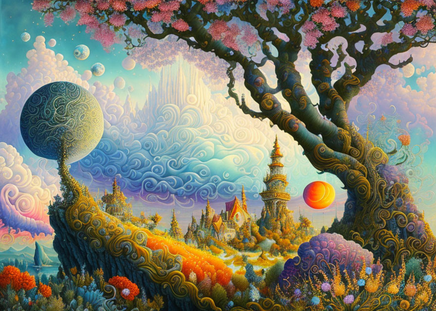 Fantastical landscape with whimsical tree, colorful foliage, castle, and setting sun