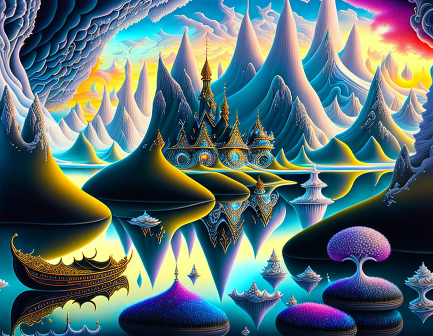 Fantastical digital art landscape with luminescent mountains and starry sky