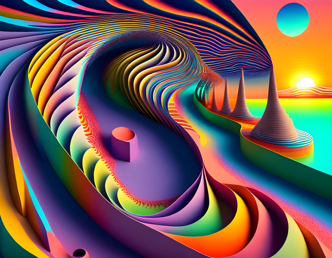 Psychedelic digital artwork with fluid waves in surreal landscape