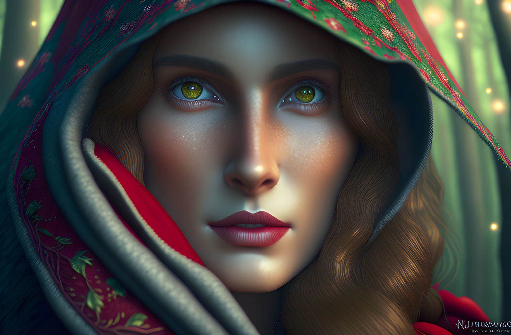 Digital portrait of a woman with green eyes in red cloak, golden hair, mystical forest.