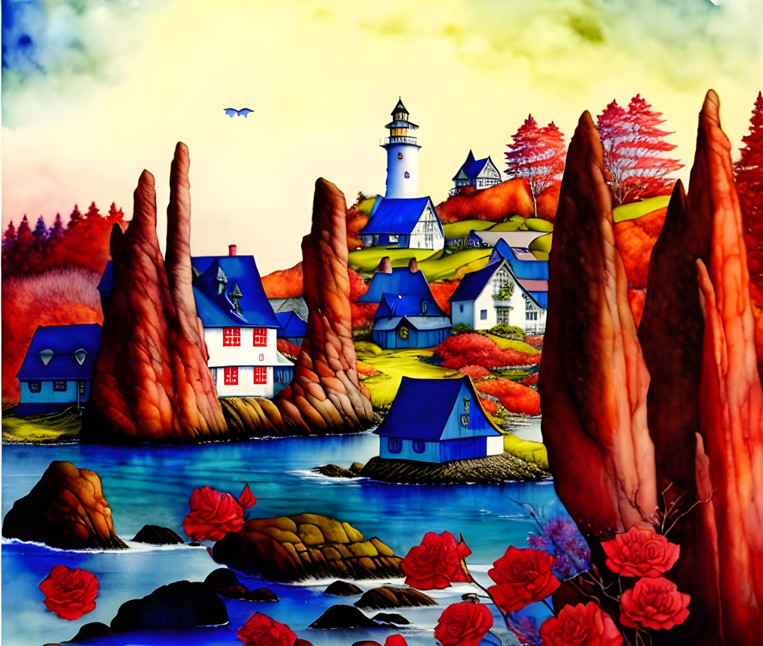 Vibrant illustration of seaside village with lighthouse, autumn trees, and cliffs