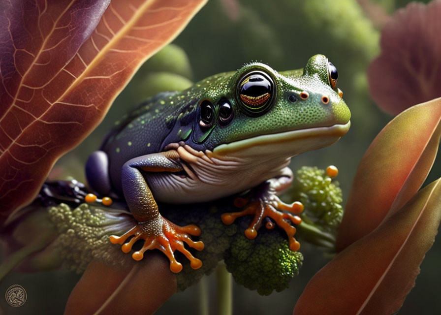 Colorful Digital Illustration: Frog with Green Skin and Orange Feet Amid Leaves and Flowers