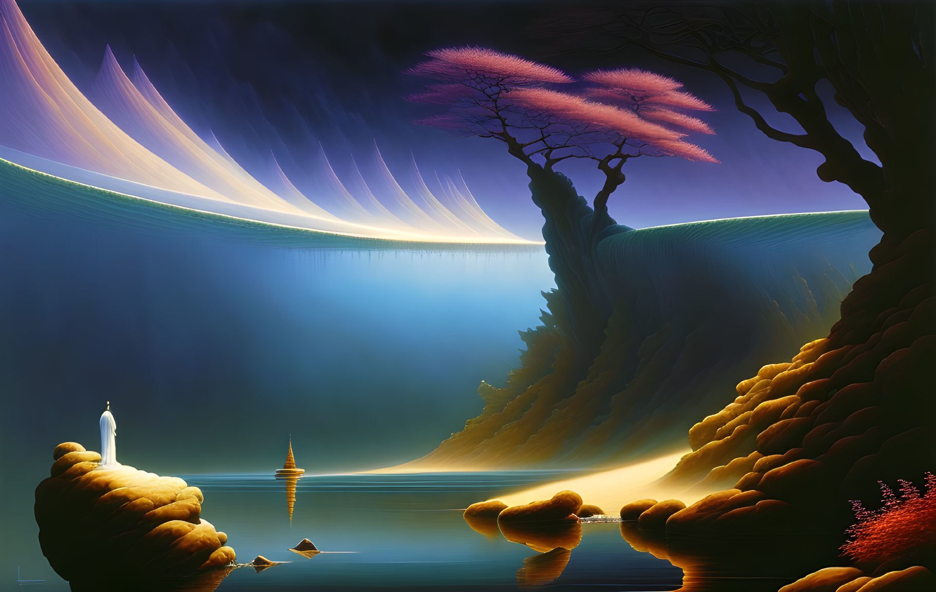 Surreal landscape with lone figure, waterbody, waterfall, purple tree, and otherworldly