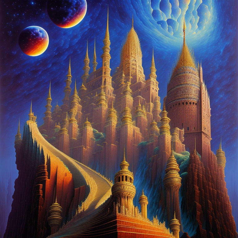 Fantastical castle with towering spires under multiple moons