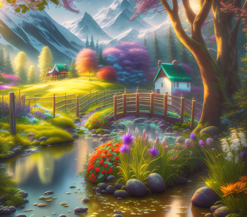 Tranquil landscape with vibrant flora, stream, wooden bridge, cottages, mountains