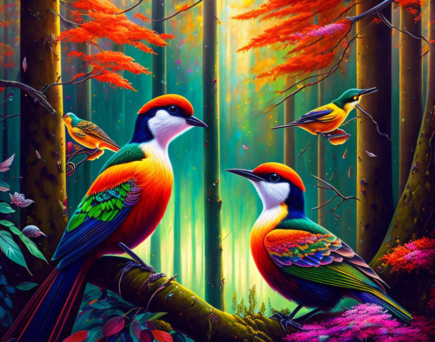 Colorful digital art: Mystical forest with exotic birds, lush foliage