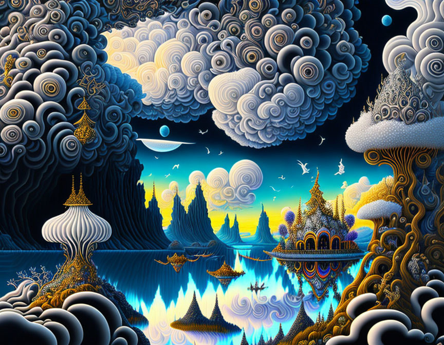 Intricate fantasy landscape with temples, islands, and celestial bodies