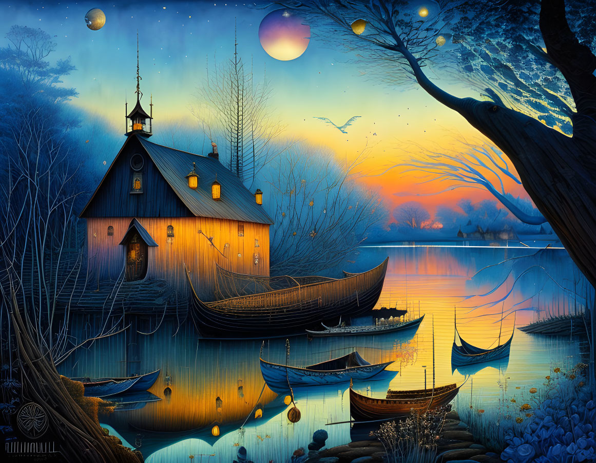 Fantasy landscape with lantern-like house, lake, boats, trees, two moons, twilight sky,