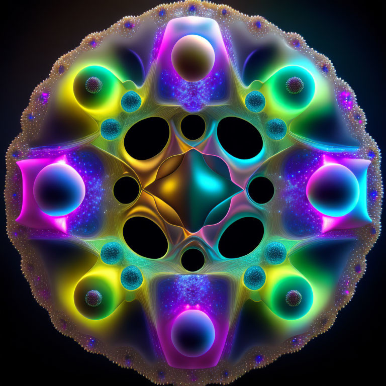 Symmetrical Fractal Image with Neon Colors and Hexagonal Pattern