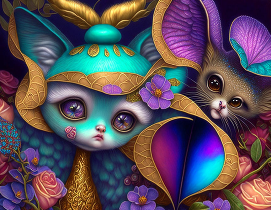 Colorful digital artwork: Stylized creature with cat-like face and turquoise hat beside vibrant-eared