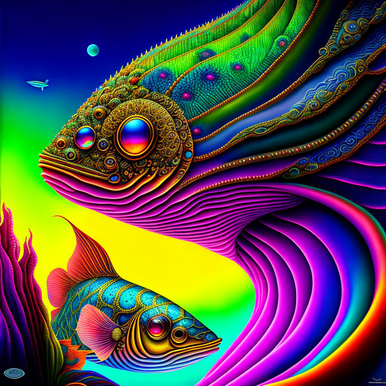 Colorful Digital Artwork: Stylized Fish in Psychedelic Aquatic Scene