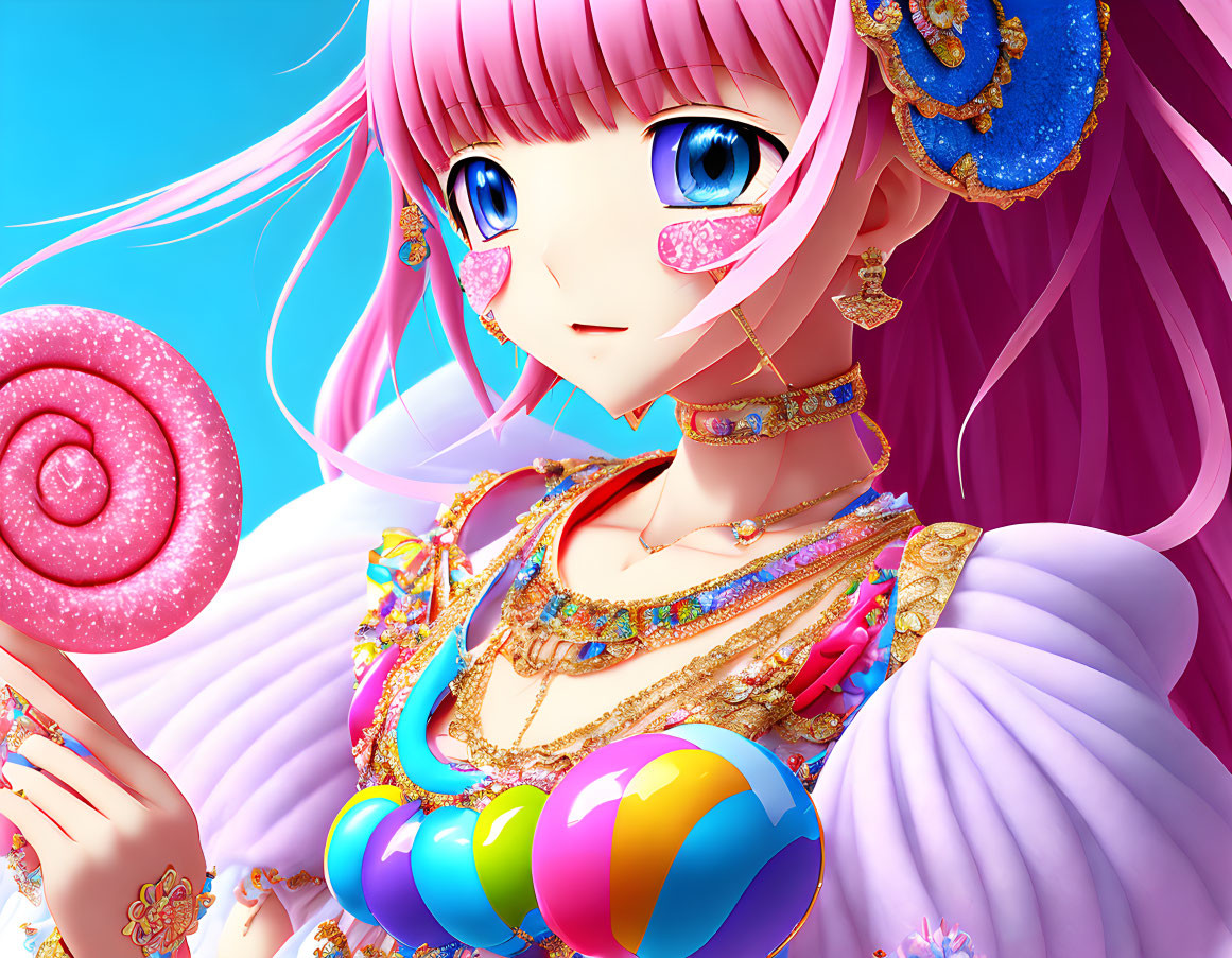 Pink-haired anime character with blue eyes and lollipop on blue background