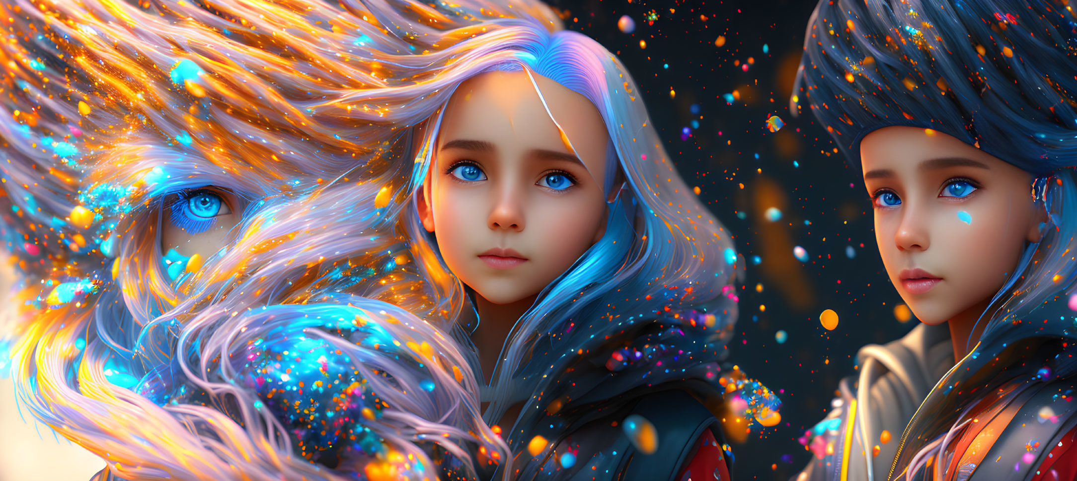 Stylized digital portraits of girl with celestial-themed hair and vibrant eyes