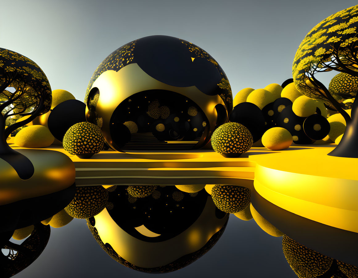 Surreal landscape with golden spherical trees on glossy surface