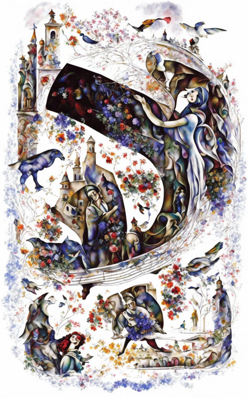 Colorful Fairytale Illustration with Swirling Patterns, Characters, Castles, Flora,