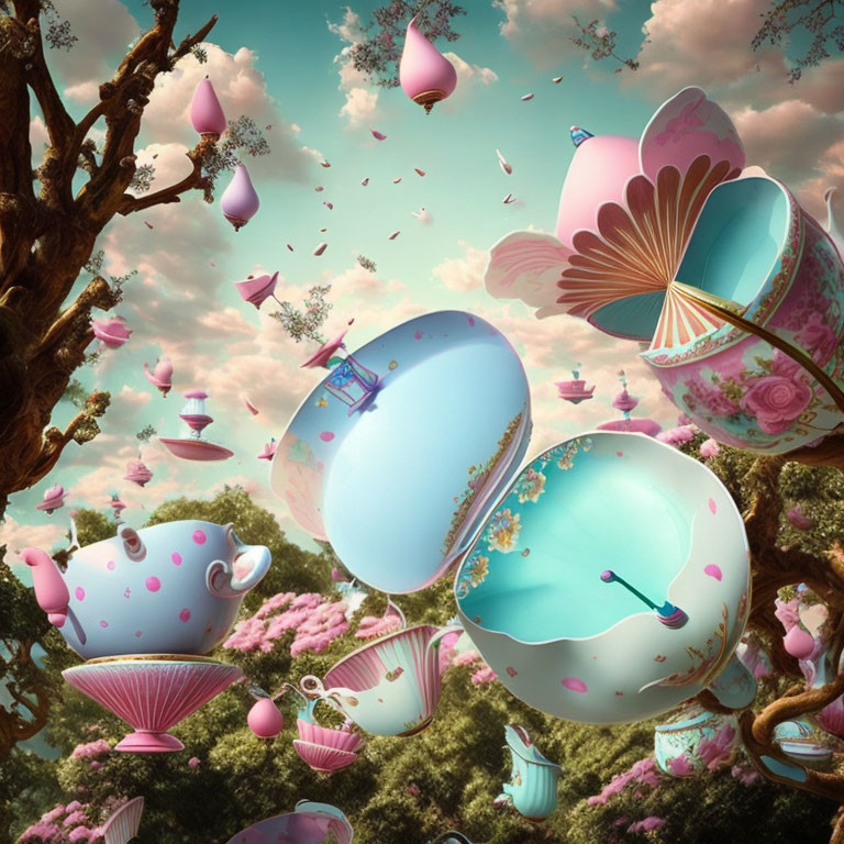 Surreal oversized teacups and teapots among pink blossomed trees in the sky