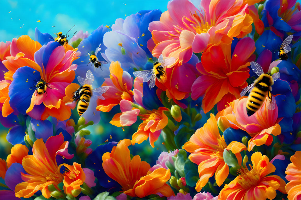 Colorful digital artwork: Bees and flowers under blue sky