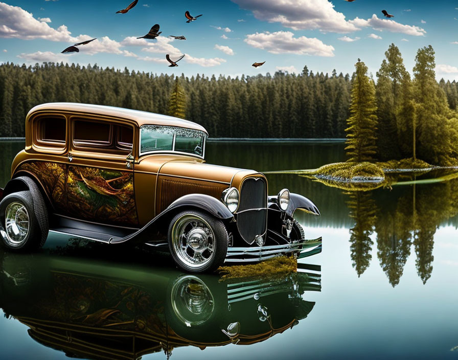 Classic Vintage Car with Custom Paint by Serene Lake and Forest Scene