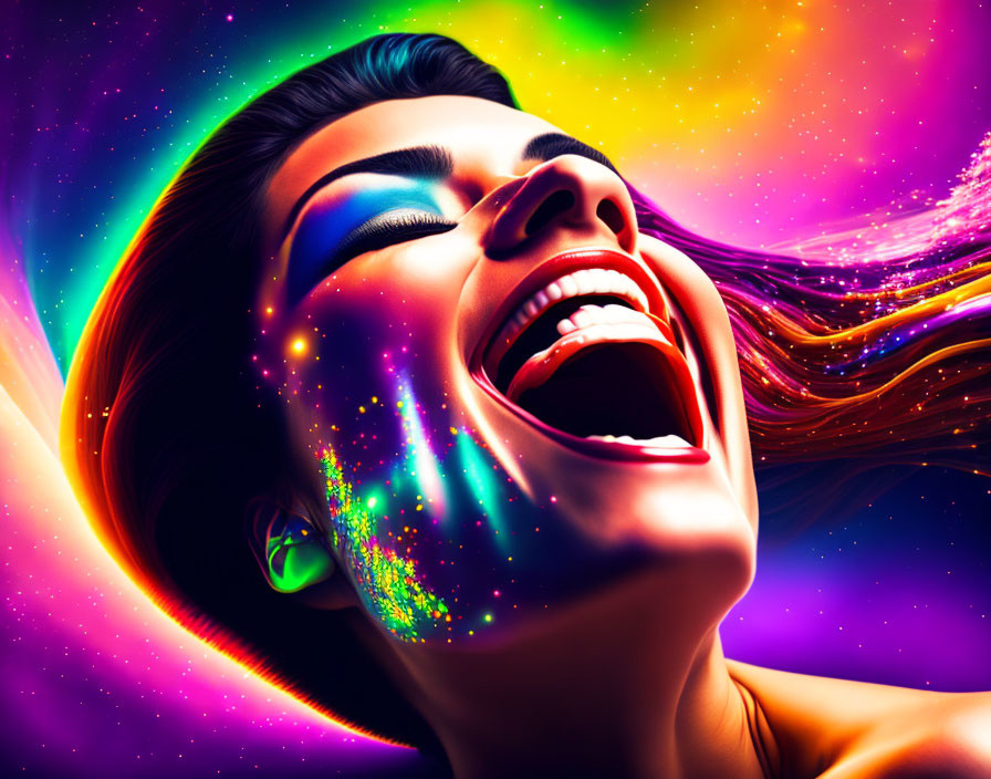 Colorful digital artwork of a laughing woman with cosmic patterns on face and hair.