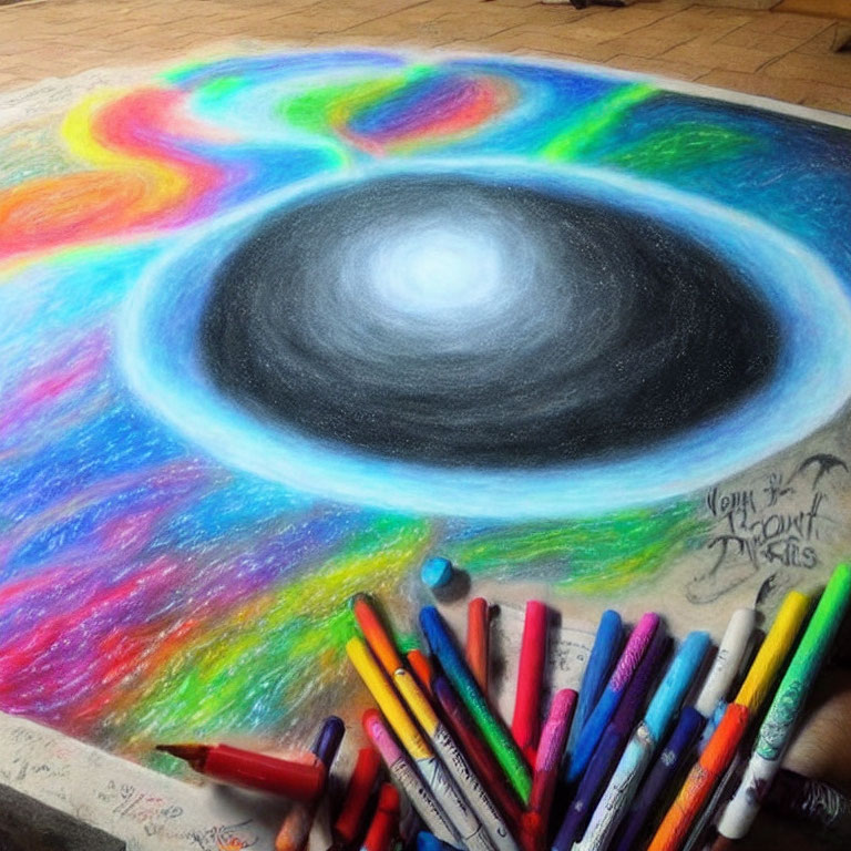 Colorful Cosmic Swirl Chalk Drawing on Pavement