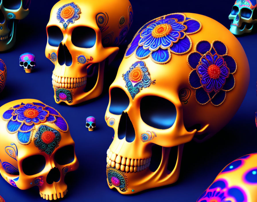 Decorated Skulls with Floral Patterns on Dark Blue Background