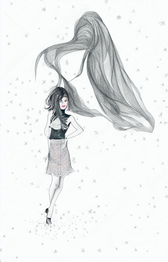 Monochrome illustration of woman with flowing hair and scarf among stars