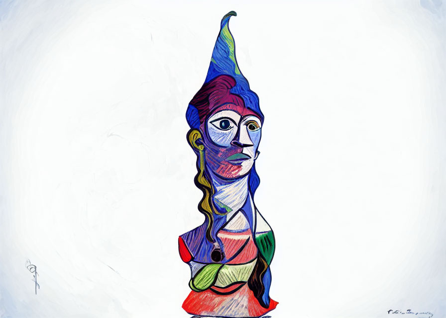 Vibrant abstract drawing of stylized female figure with tall pointed hat in segmented hues on white background