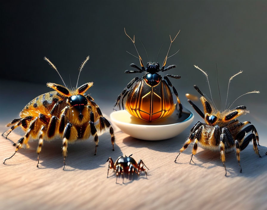 Four intricate mechanical beetles on wooden surface with glowing orb in dish