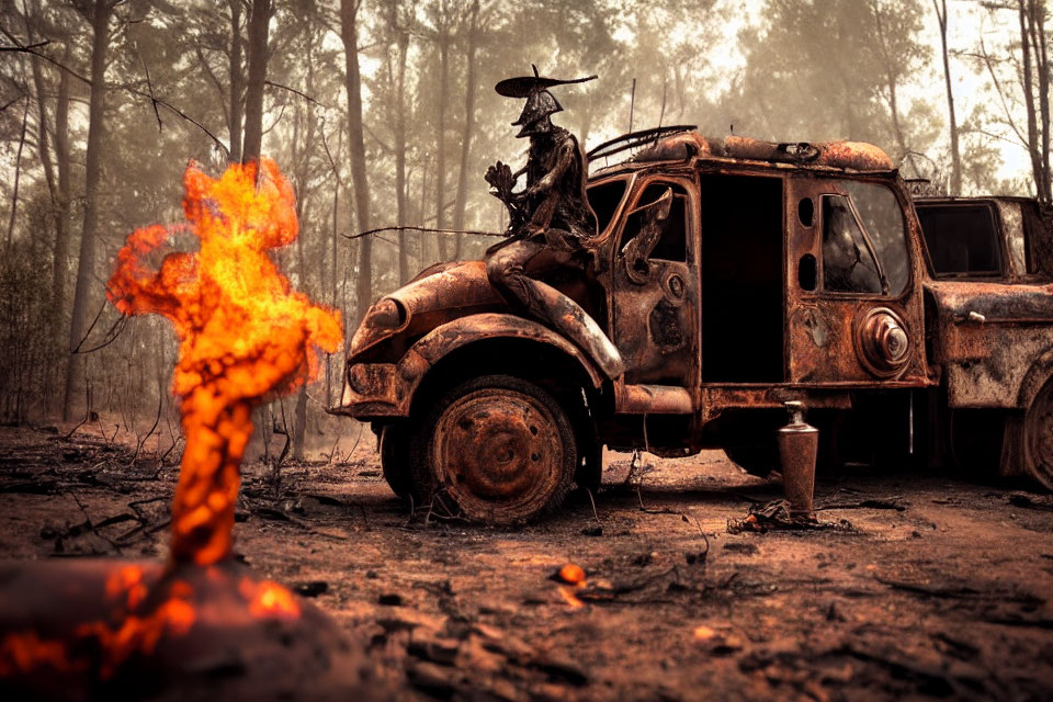 Witch-like figure on dilapidated vehicle in fire-scorched forest