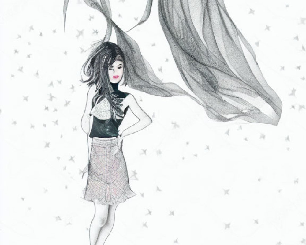 Monochrome illustration of woman with flowing hair and scarf among stars