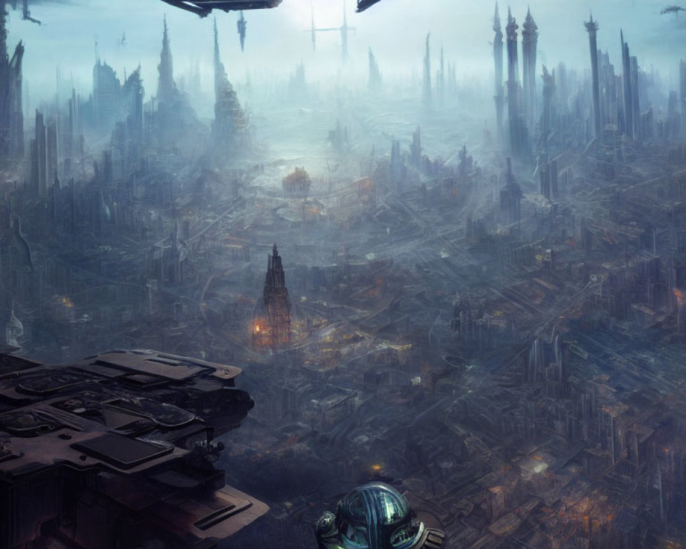 Futuristic cityscape with towering spires and floating structures