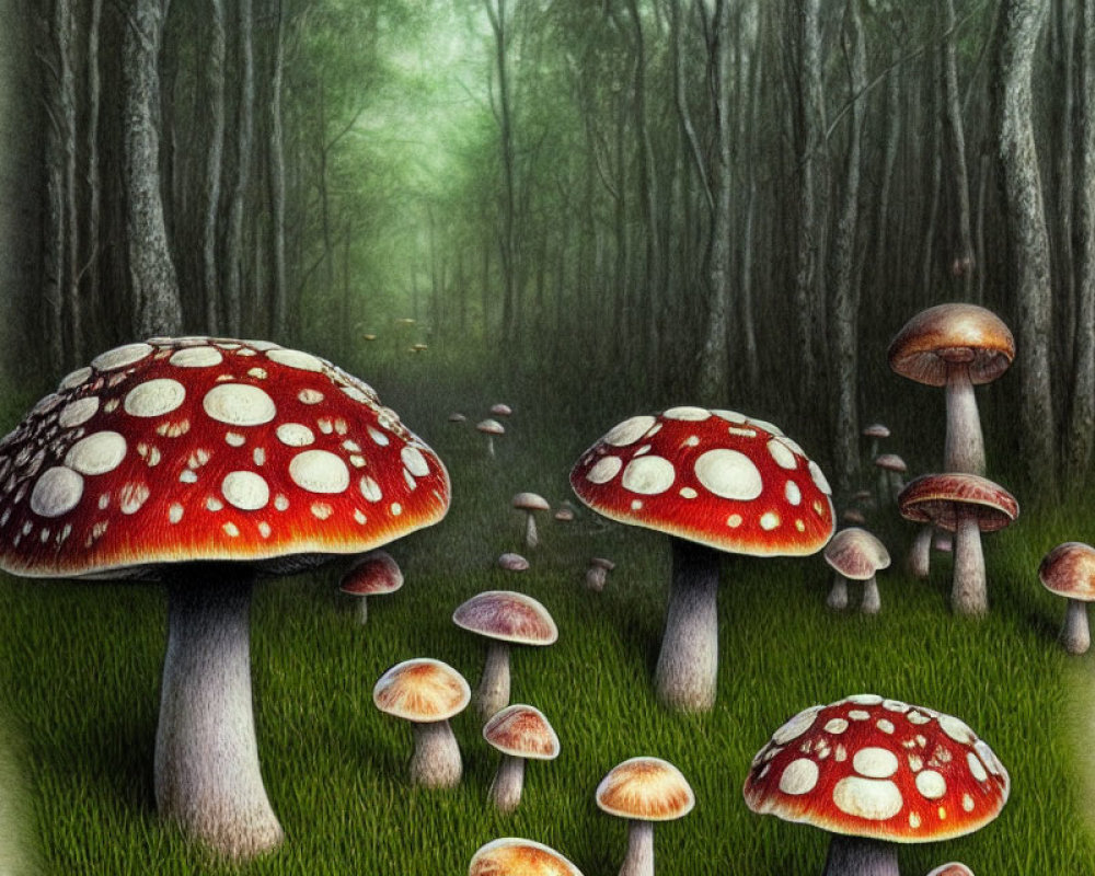 Enchanting forest scene with tall trees and red-capped mushrooms