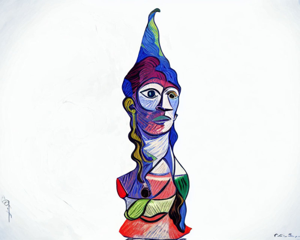 Vibrant abstract drawing of stylized female figure with tall pointed hat in segmented hues on white background