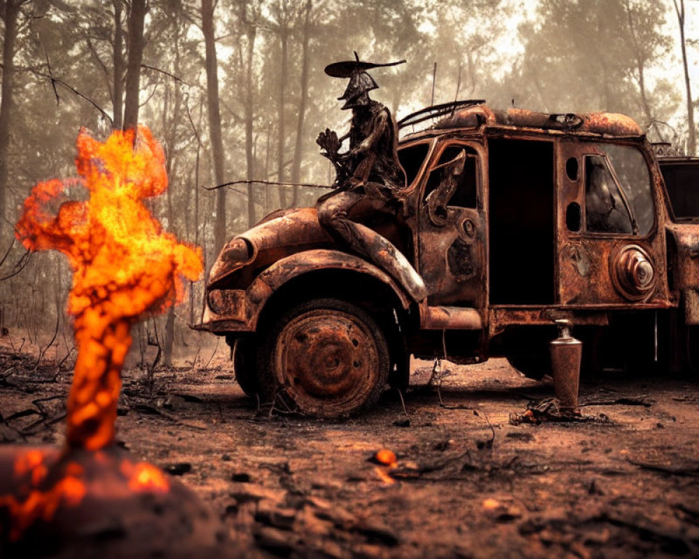 Witch-like figure on dilapidated vehicle in fire-scorched forest