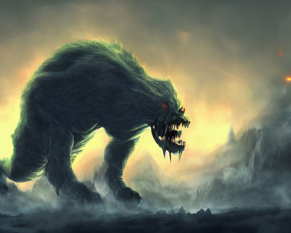 Large Wolf-like Creature with Glowing Red Eyes in Desolate Landscape