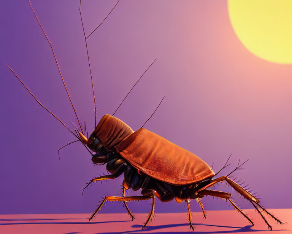 Stylized large cockroach with antennae on purple background with oversized orange sun