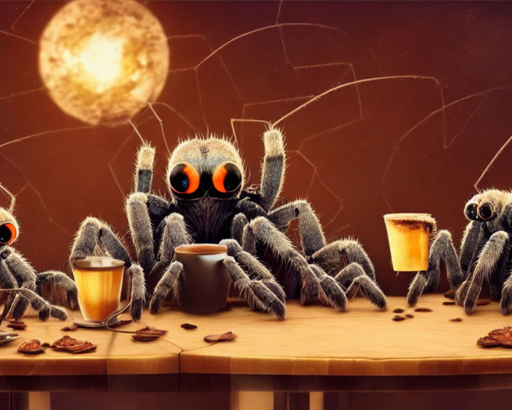 Animated spiders with expressive eyes at coffee table with cookies on warm backdrop