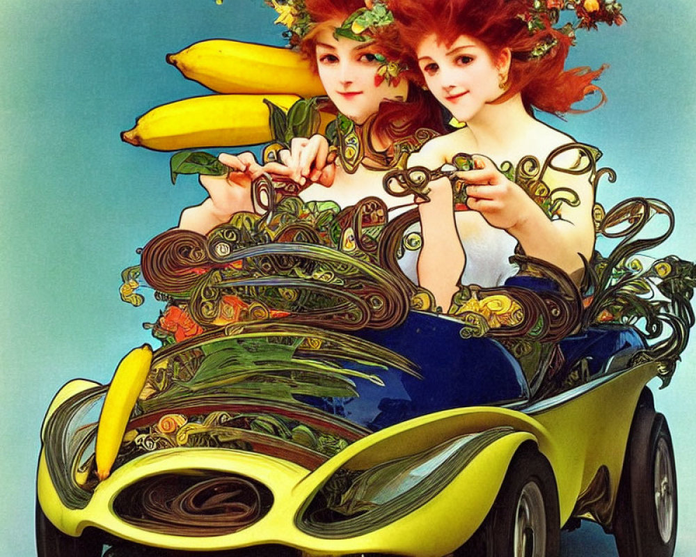 Illustrated vintage women in fruit hats driving Art Nouveau banana car