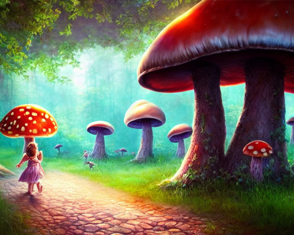 Child in red dress walks among colorful mushrooms in magical forest path