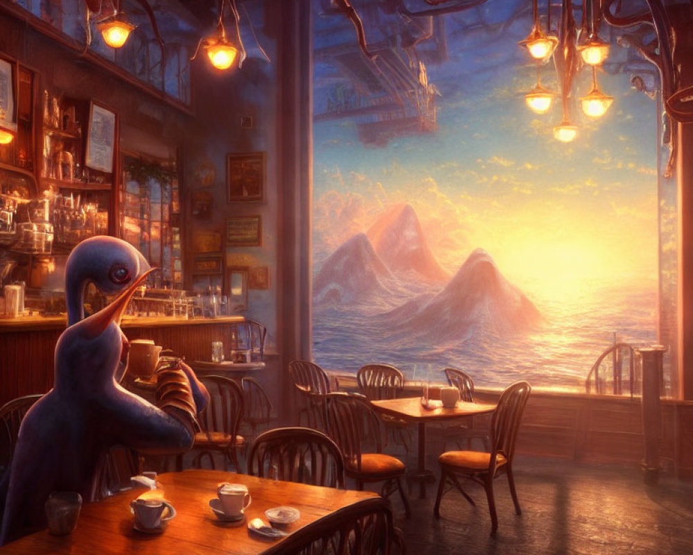 Bird-like figure in contemplation at café table with ocean sunset view