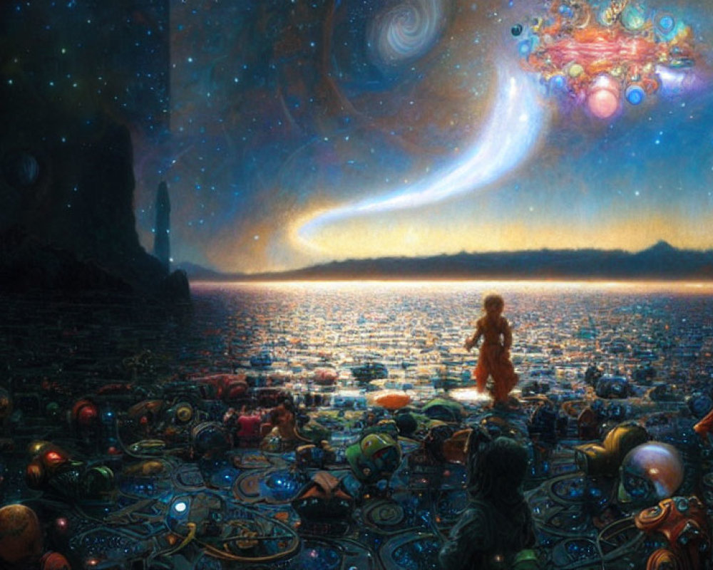 Colorful spheres on shore with two people gazing at cosmic scene