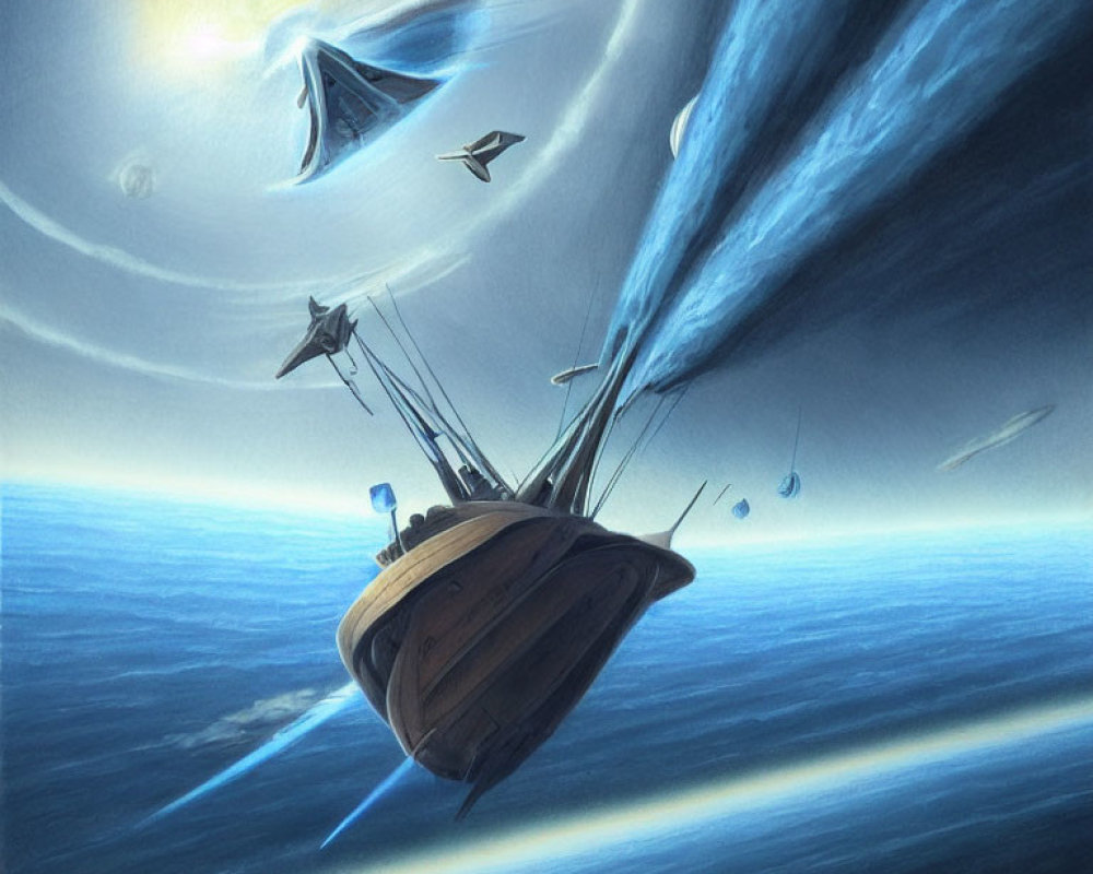 Wooden ship sailing through space with cosmic bodies and swirling blue sky.