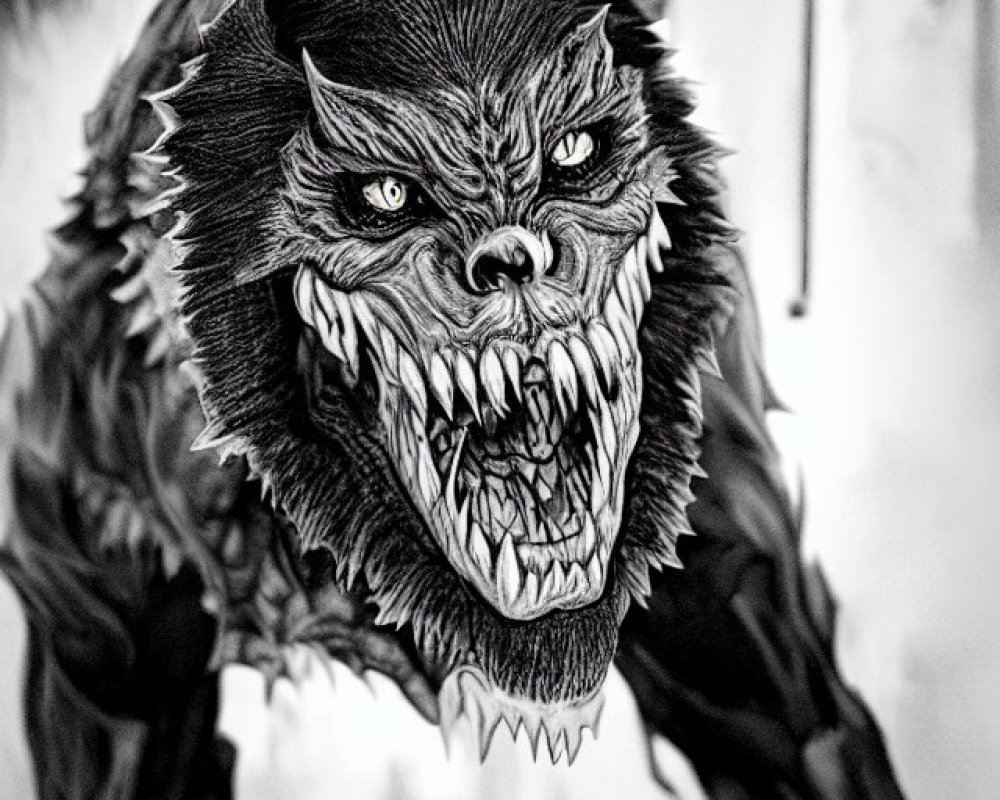 Monochrome drawing of fierce wolf with sharp teeth & intense gaze