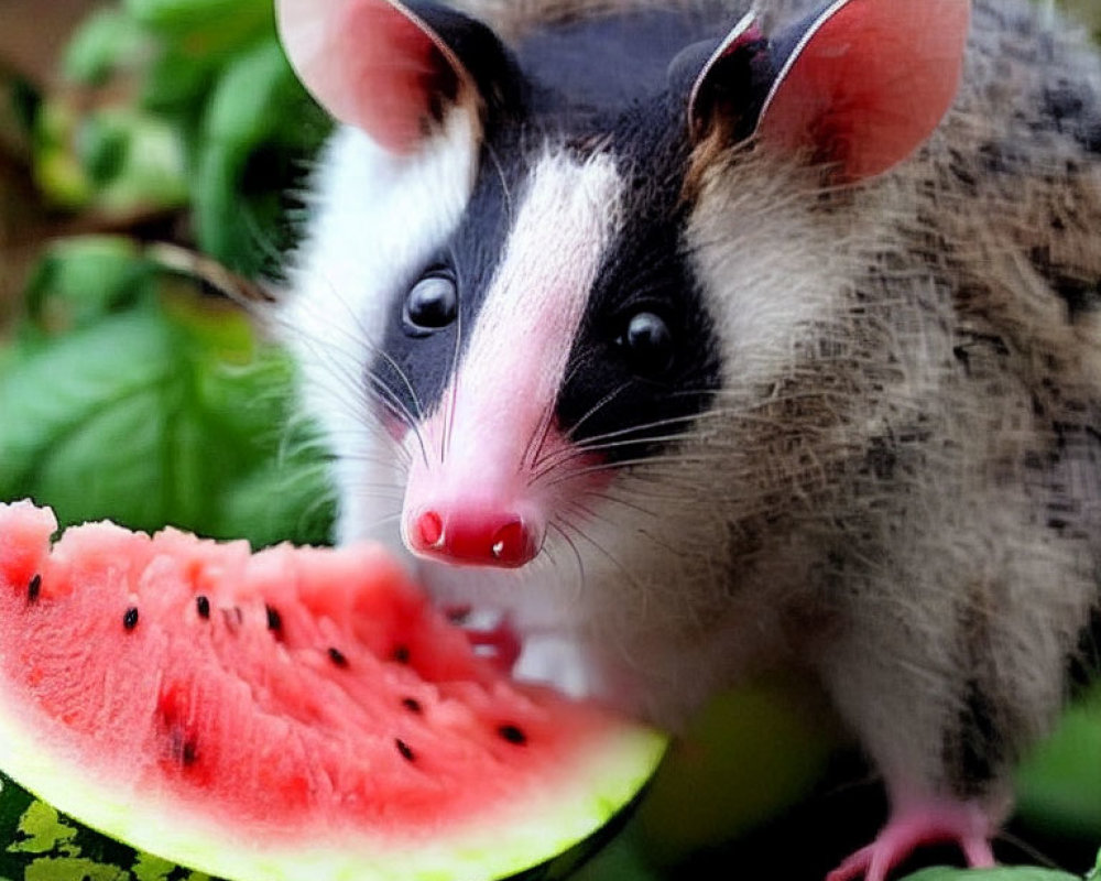 Opossum with white face and pink nose eating watermelon on green background