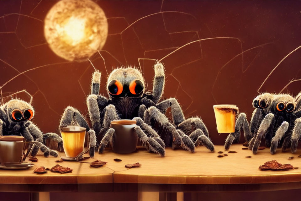 Animated spiders with expressive eyes at coffee table with cookies on warm backdrop