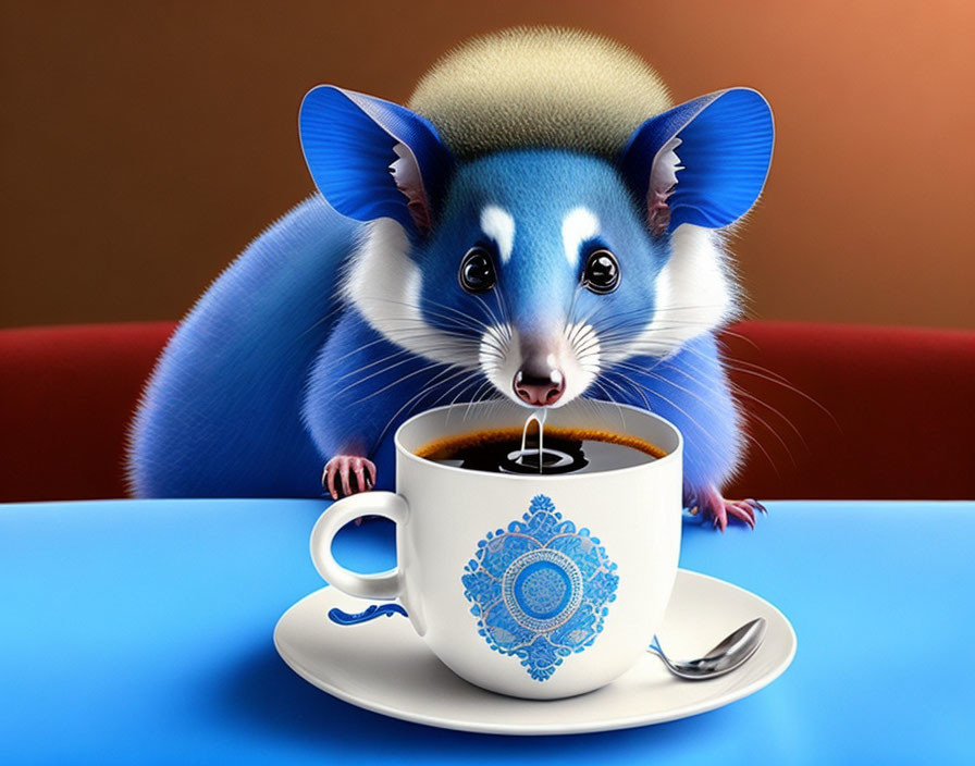 Large Blue Cartoon Mouse with Fluffy White Belly and Coffee Cup Illustration