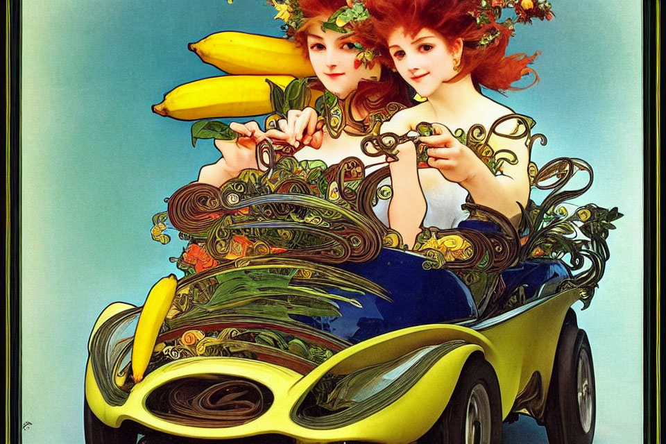 Illustrated vintage women in fruit hats driving Art Nouveau banana car