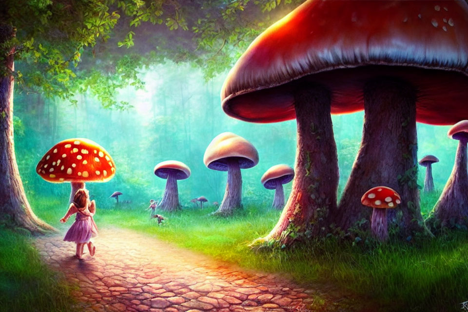 Child in red dress walks among colorful mushrooms in magical forest path