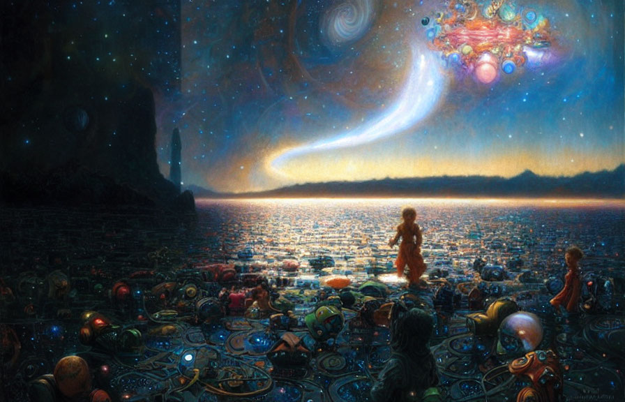 Colorful spheres on shore with two people gazing at cosmic scene