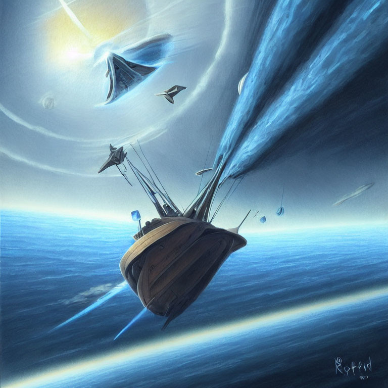 Wooden ship sailing through space with cosmic bodies and swirling blue sky.